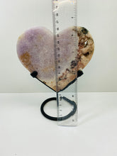 Load image into Gallery viewer, Pink Amethyst Crystal heart on black display stand