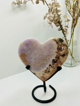 Load image into Gallery viewer, Pink Amethyst Crystal heart on black display stand