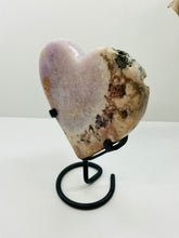 Load image into Gallery viewer, Pink Amethyst Crystal heart on black display stand