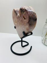 Load image into Gallery viewer, Pink Amethyst Crystal heart on black display stand