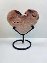 Load image into Gallery viewer, Pink Amethyst Crystal heart on black display stand