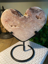 Load image into Gallery viewer, Pink Amethyst Crystal heart on black display stand