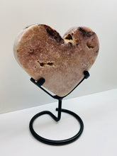 Load image into Gallery viewer, Pink Amethyst Crystal heart on black display stand