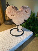 Load image into Gallery viewer, Pink Amethyst Crystal heart on black display stand