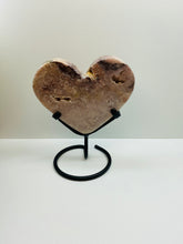 Load image into Gallery viewer, Pink Amethyst Crystal heart on black display stand