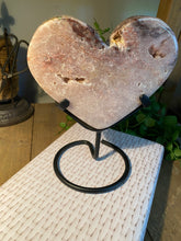 Load image into Gallery viewer, Pink Amethyst Crystal heart on black display stand