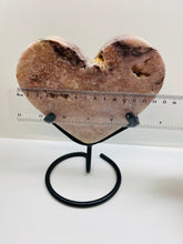 Load image into Gallery viewer, Pink Amethyst Crystal heart on black display stand