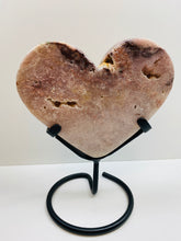 Load image into Gallery viewer, Pink Amethyst Crystal heart on black display stand