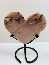 Load image into Gallery viewer, Pink Amethyst Crystal heart on black display stand
