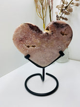 Load image into Gallery viewer, Pink Amethyst Crystal heart on black display stand