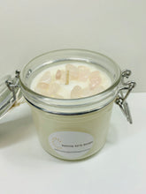 Load image into Gallery viewer, Medium Rose Quartz infused natural soy Candle in a jar - Medium size (180g)