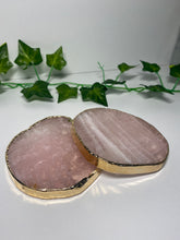 Load image into Gallery viewer, Rose Quartz slice drink coasters with gold electroplating around the edges