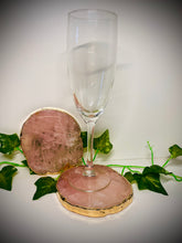 Load image into Gallery viewer, Rose Quartz slice drink coasters with gold electroplating around the edges