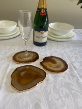 Load image into Gallery viewer, Set of 3 Natural polished Agate Slice drink coasters with Gold Electroplating around the edges