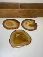Load image into Gallery viewer, Set of 3 Natural polished Agate Slice drink coasters with Gold Electroplating around the edges