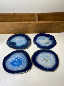 Set of 4 Blue polished Agate Slice drink coasters 37