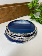 Load image into Gallery viewer, Set of 4 Blue polished Agate Slice drink coasters with Silver Electroplating around the edges 01