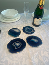 Load image into Gallery viewer, Set of 4 Blue polished Agate Slice drink coasters with Silver Electroplating around the edges 01