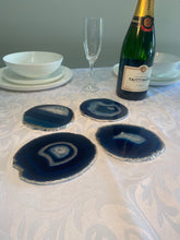 Load image into Gallery viewer, Set of 4 Blue polished Agate Slice drink coasters with Silver Electroplating around the edges 01