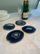 Load image into Gallery viewer, Set of 4 Blue polished Agate Slice drink coasters with Silver Electroplating around the edges 01