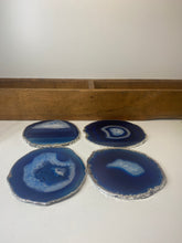 Load image into Gallery viewer, Set of 4 Blue polished Agate Slice drink coasters with Silver Electroplating around the edges 01