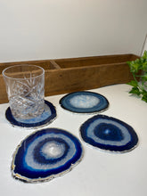 Load image into Gallery viewer, Set of 4 Blue polished Agate Slice drink coasters with Silver Electroplating around the edges 03