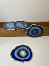 Load image into Gallery viewer, Set of 4 Blue polished Agate Slice drink coasters with Silver Electroplating around the edges 03