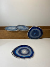 Load image into Gallery viewer, Set of 4 Blue polished Agate Slice drink coasters with Silver Electroplating around the edges 03