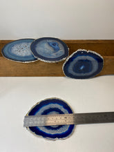 Load image into Gallery viewer, Set of 4 Blue polished Agate Slice drink coasters with Silver Electroplating around the edges 03