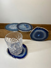 Load image into Gallery viewer, Set of 4 Blue polished Agate Slice drink coasters with Silver Electroplating around the edges 03