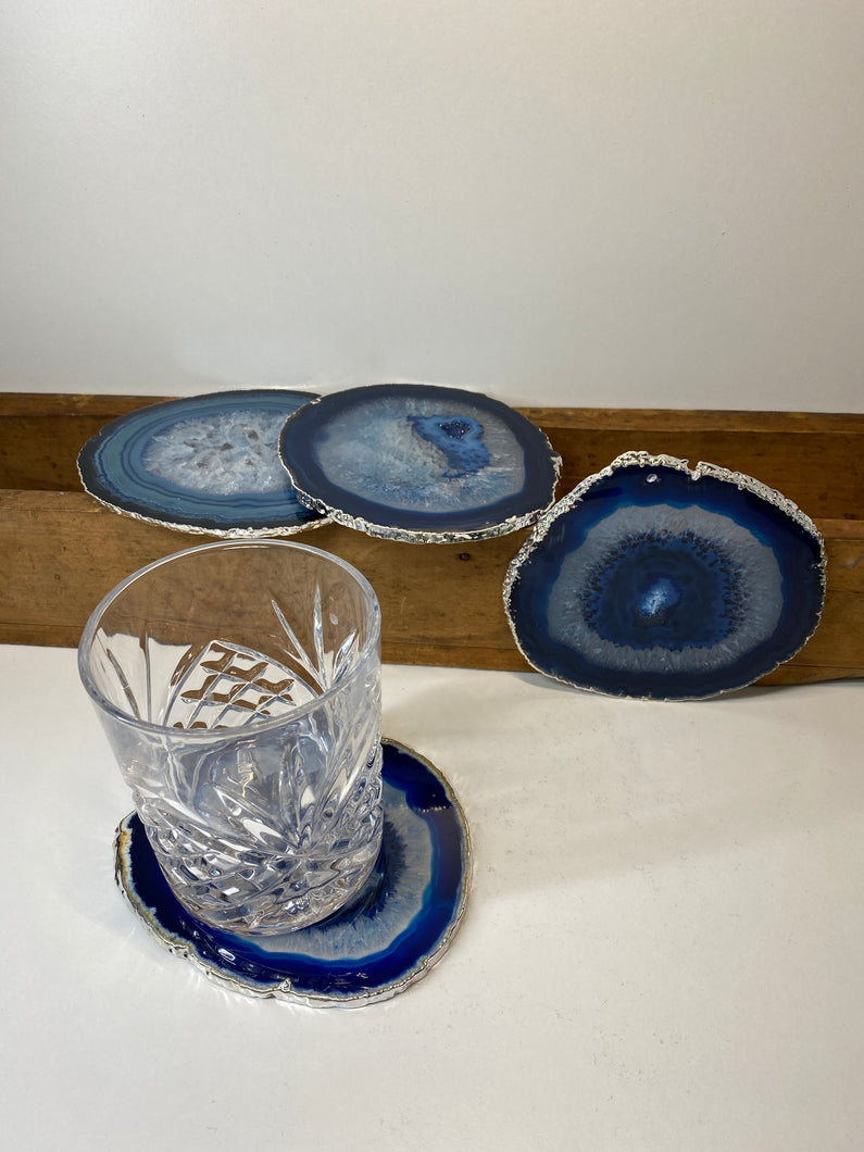 Set of 4 Blue polished Agate Slice drink coasters with Silver Electroplating around the edges 03