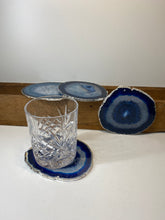 Load image into Gallery viewer, Set of 4 Blue polished Agate Slice drink coasters with Silver Electroplating around the edges 03
