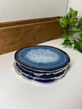 Load image into Gallery viewer, Set of 4 Blue polished Agate Slice drink coasters with Silver Electroplating around the edges 03