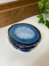 Load image into Gallery viewer, Set of 4 Blue polished Agate Slice drink coasters with Silver Electroplating around the edges 03