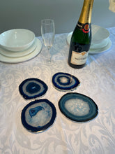 Load image into Gallery viewer, Set of 4 Blue polished Agate Slice drink coasters with Silver Electroplating around the edges 03