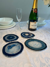 Load image into Gallery viewer, Set of 4 Blue polished Agate Slice drink coasters with Silver Electroplating around the edges 03