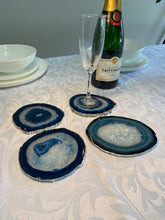 Load image into Gallery viewer, Set of 4 Blue polished Agate Slice drink coasters with Silver Electroplating around the edges 03