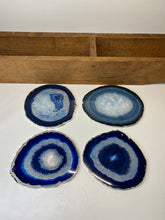 Load image into Gallery viewer, Set of 4 Blue polished Agate Slice drink coasters with Silver Electroplating around the edges 03