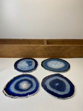 Load image into Gallery viewer, Set of 4 Blue polished Agate Slice drink coasters with Silver Electroplating around the edges 03