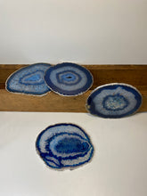 Load image into Gallery viewer, Set of 4 Blue polished Agate Slice drink coasters with Silver Electroplating around the edges 04