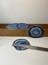 Load image into Gallery viewer, Set of 4 Blue polished Agate Slice drink coasters with Silver Electroplating around the edges 04