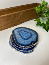 Load image into Gallery viewer, Set of 4 Blue polished Agate Slice drink coasters with Silver Electroplating around the edges 04