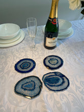 Load image into Gallery viewer, Set of 4 Blue polished Agate Slice drink coasters with Silver Electroplating around the edges 04