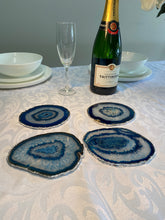 Load image into Gallery viewer, Set of 4 Blue polished Agate Slice drink coasters with Silver Electroplating around the edges 04