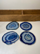 Load image into Gallery viewer, Set of 4 Blue polished Agate Slice drink coasters with Silver Electroplating around the edges 04