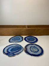 Load image into Gallery viewer, Set of 4 Blue polished Agate Slice drink coasters with Silver Electroplating around the edges 04