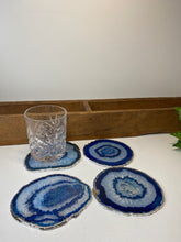 Load image into Gallery viewer, Set of 4 Blue polished Agate Slice drink coasters with Silver Electroplating around the edges 04