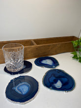 Load image into Gallery viewer, Set of 4 Blue polished Agate Slice drink coasters with Silver Electroplating around the edges 05