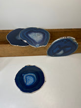 Load image into Gallery viewer, Set of 4 Blue polished Agate Slice drink coasters with Silver Electroplating around the edges 05