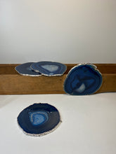 Load image into Gallery viewer, Set of 4 Blue polished Agate Slice drink coasters with Silver Electroplating around the edges 05